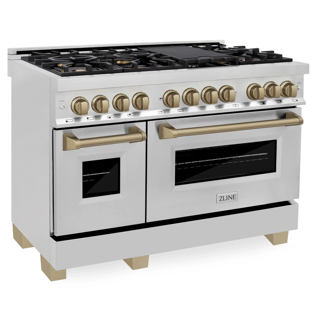 ZLINE Autograph Edition 3-Piece Appliance Package - 48" Dual Fuel Range, Wall Mounted Range Hood, & 24" Tall Tub Dishwasher in Stainless Steel with Champagne Bronze Trim (3AKP-RARHDWM48-CB)