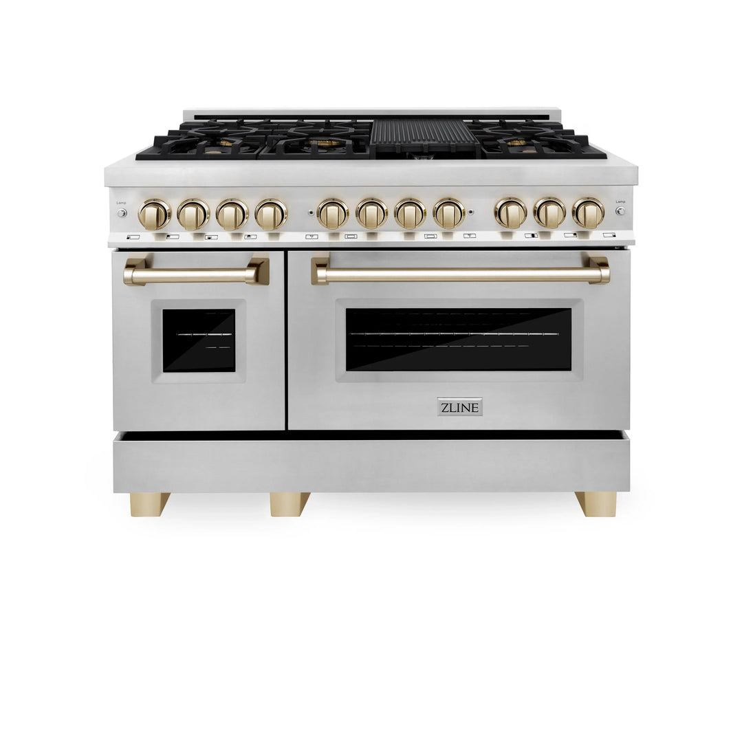 ZLINE Autograph Edition 3-Piece Appliance Package - 48" Dual Fuel Range, Wall Mounted Range Hood, & 24" Tall Tub Dishwasher in Stainless Steel with Gold Trim (3AKP-RARHDWM48-G)