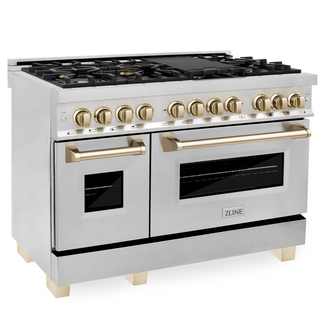 ZLINE Autograph Edition 48-Inch Dual Fuel Range With Gas Stove And Electric Oven In Stainless Steel With Gold Accents (RAZ-48-G)