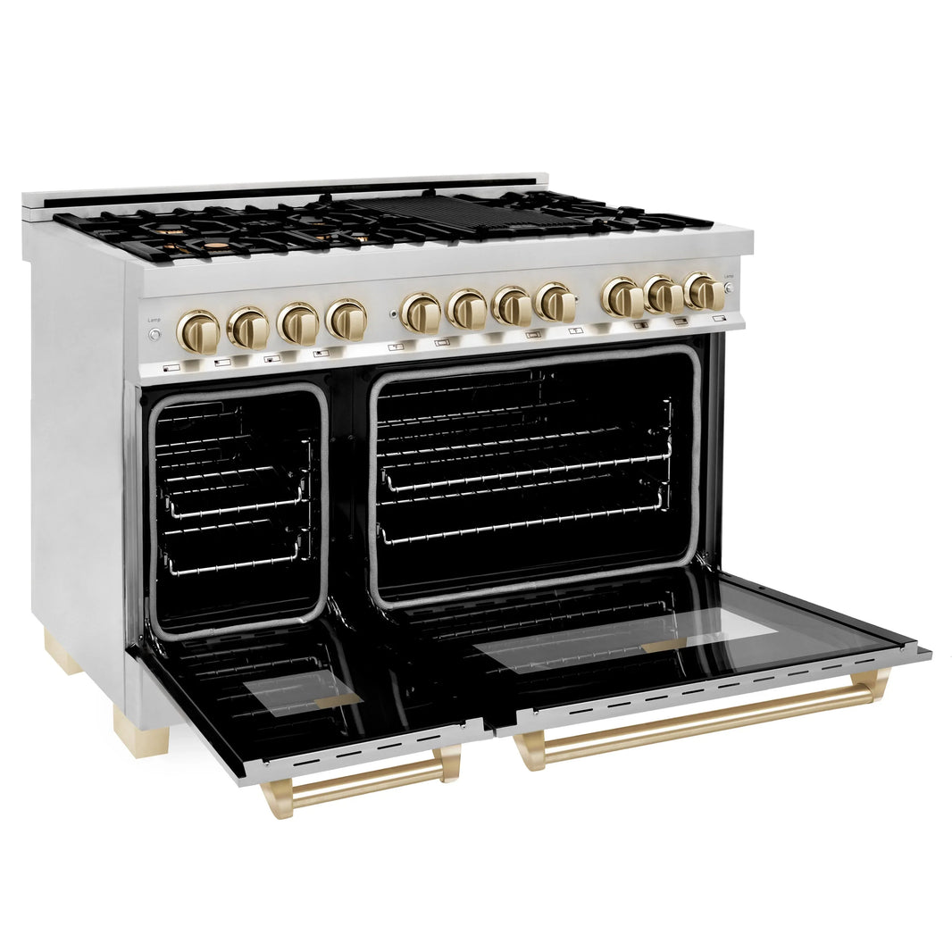 ZLINE Autograph Edition 3-Piece Appliance Package - 48" Dual Fuel Range, Wall Mounted Range Hood, & 24" Tall Tub Dishwasher in Stainless Steel with Gold Trim (3AKP-RARHDWM48-G)