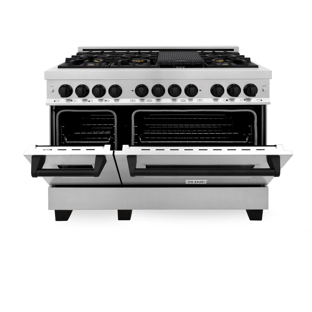 ZLINE Autograph Edition 2-Piece Appliance Package - 48" Dual Fuel Range & Wall Mounted Range Hood in Stainless Steel with Matte Black Trim (2AKP-RARH48-MB)