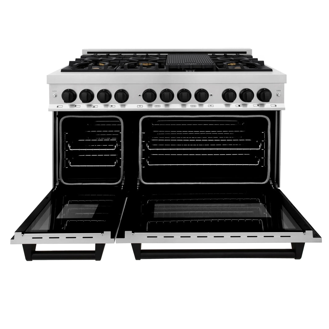 ZLINE Autograph Edition 2-Piece Appliance Package - 48" Dual Fuel Range & Wall Mounted Range Hood in Stainless Steel with Matte Black Trim (2AKP-RARH48-MB)