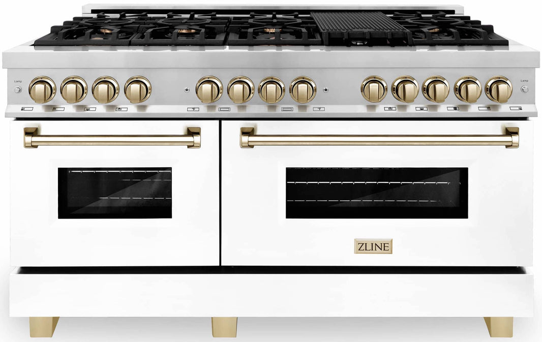 ZLINE Autograph Edition 60-Inch Dual Fuel Range, Gas Stove & Electric Oven in Stainless Steel with White Matte Door and Gold Accents (RAZ-WM-60-G)