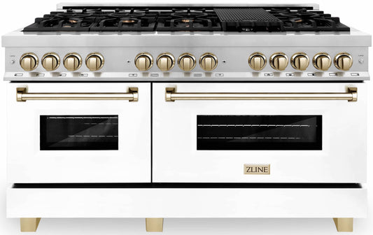 ZLINE Autograph Edition 60-Inch Dual Fuel Range, Gas Stove & Electric Oven in Stainless Steel with White Matte Door and Gold Accents (RAZ-WM-60-G)