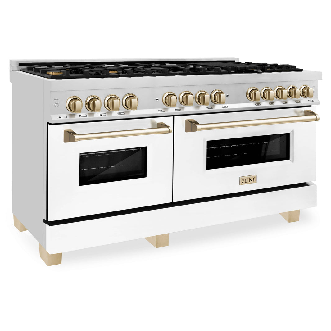 ZLINE Autograph Edition 60-Inch Dual Fuel Range, Gas Stove & Electric Oven in Stainless Steel with White Matte Door and Gold Accents (RAZ-WM-60-G)