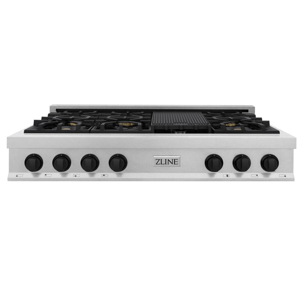 ZLINE Autograph Edition 48-Inch Porcelain Rangetop with 7 Gas Burners in DuraSnow® Stainless Steel and Gold Accents (RTSZ-48-MB)