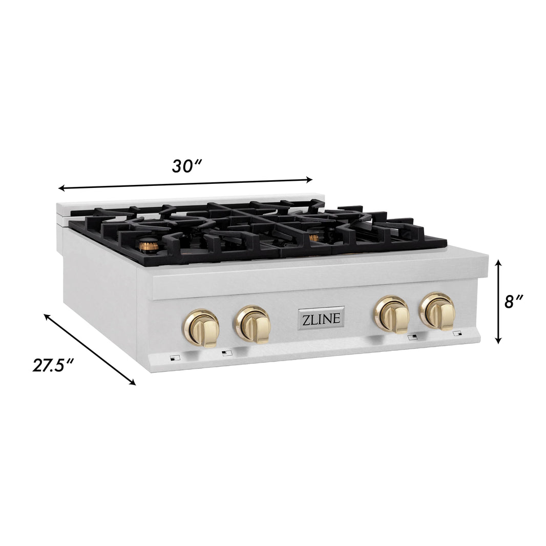 ZLINE Autograph Edition 30-Inch Porcelain Rangetop with 4 Gas Burners in DuraSnow® Stainless Steel and Gold Accents (RTSZ-30-G)