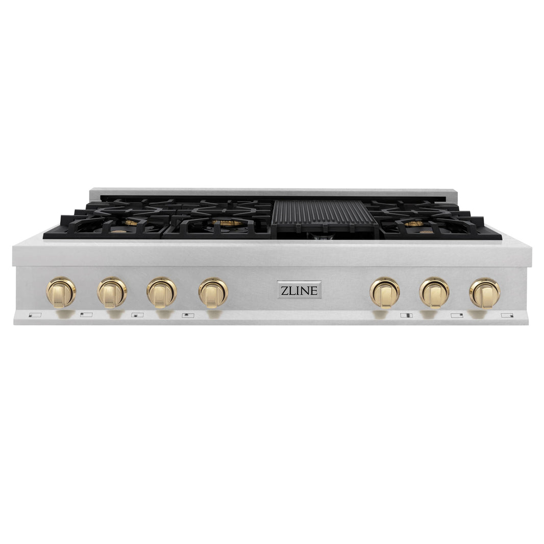 ZLINE Autograph Edition 48-Inch Porcelain Rangetop with 7 Gas Burners in DuraSnow® Stainless Steel and Gold Accents (RTSZ-48-G)