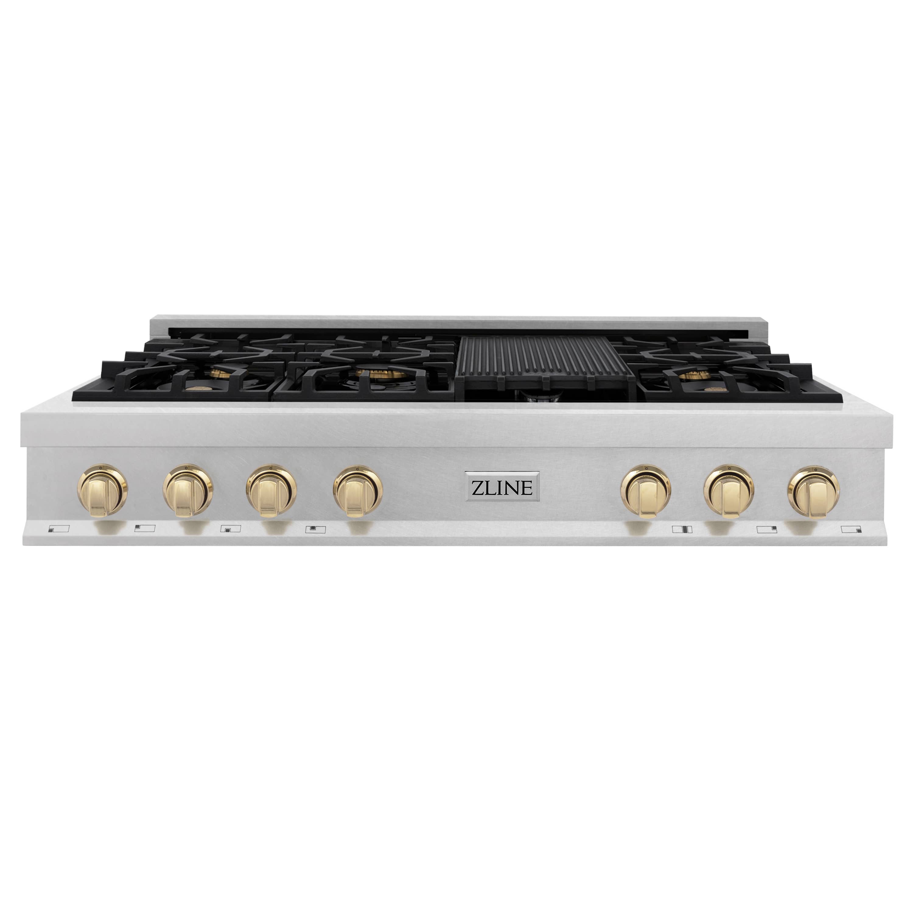 ZLINE Autograph Edition 48-Inch Porcelain Rangetop with 7 Gas Burners in DuraSnow® Stainless Steel and Gold Accents (RTSZ-48-G)