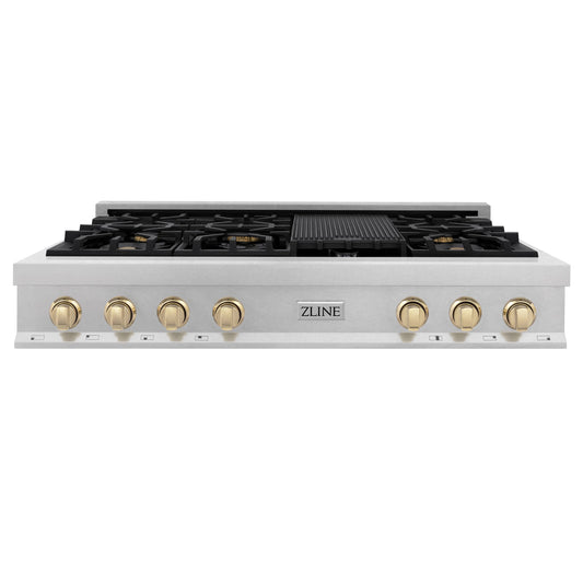 ZLINE Autograph Edition 48-Inch Porcelain Rangetop with 7 Gas Burners in DuraSnow® Stainless Steel and Gold Accents (RTSZ-48-G)