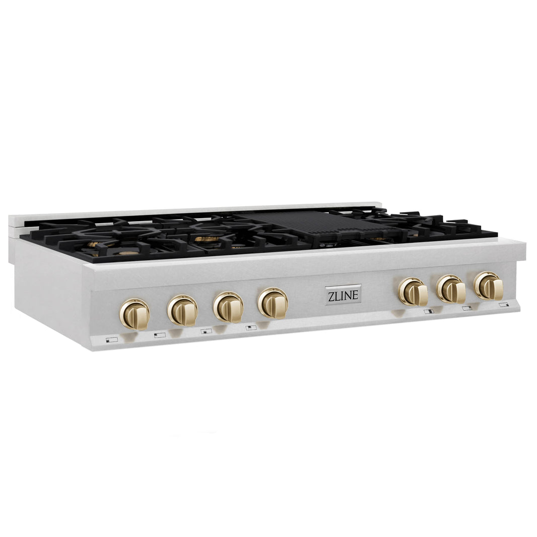 ZLINE Autograph Edition 48-Inch Porcelain Rangetop with 7 Gas Burners in DuraSnow® Stainless Steel and Gold Accents (RTSZ-48-G)