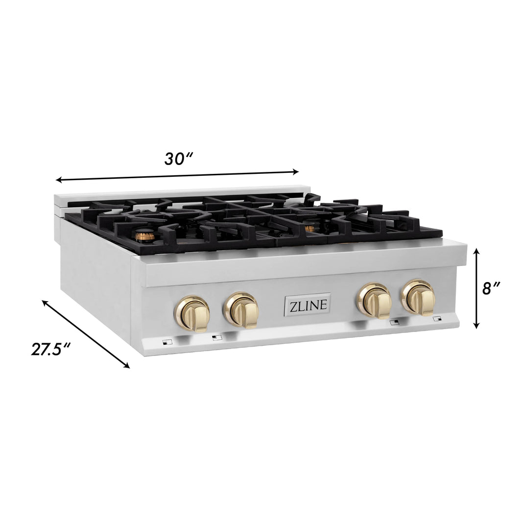 ZLINE Autograph Edition 30-Inch Porcelain Rangetop with 4 Gas Burners in Stainless Steel and Gold Accents (RTZ-30-G)