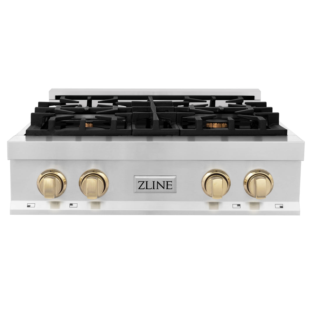 ZLINE Autograph Edition 30-Inch Porcelain Rangetop with 4 Gas Burners in Stainless Steel and Gold Accents (RTZ-30-G)