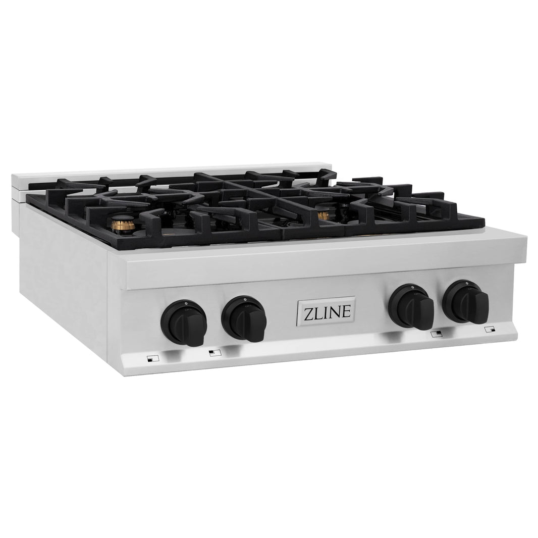 ZLINE Autograph Edition 30-Inch Porcelain Rangetop with 4 Gas Brass Burners in Stainless Steel with Matte Black Accents (RTZ-30-MB)