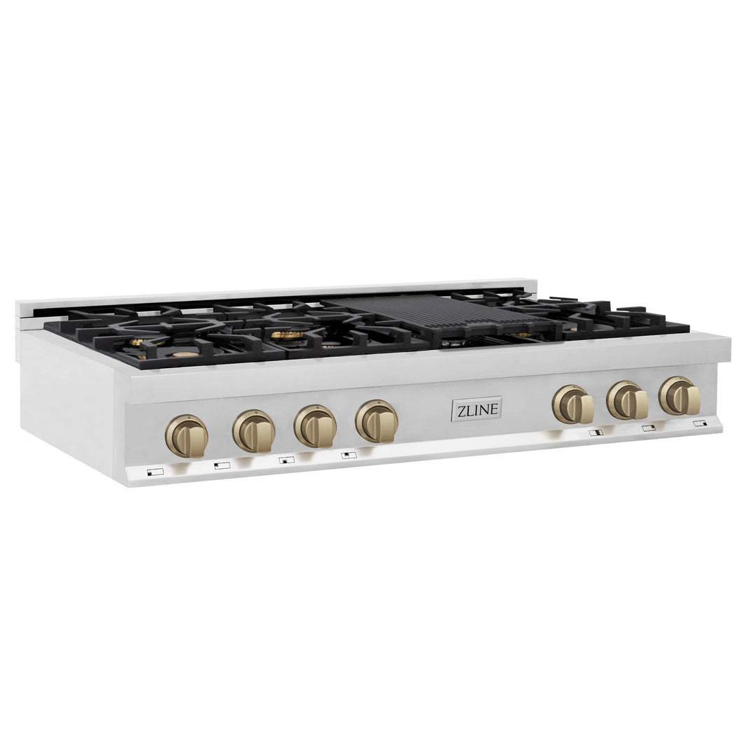 ZLINE Autograph Edition 48-Inch Porcelain Rangetop with 7 Gas Burners in Stainless Steel and Champagne Bronze Accents (RTZ-48-CB)