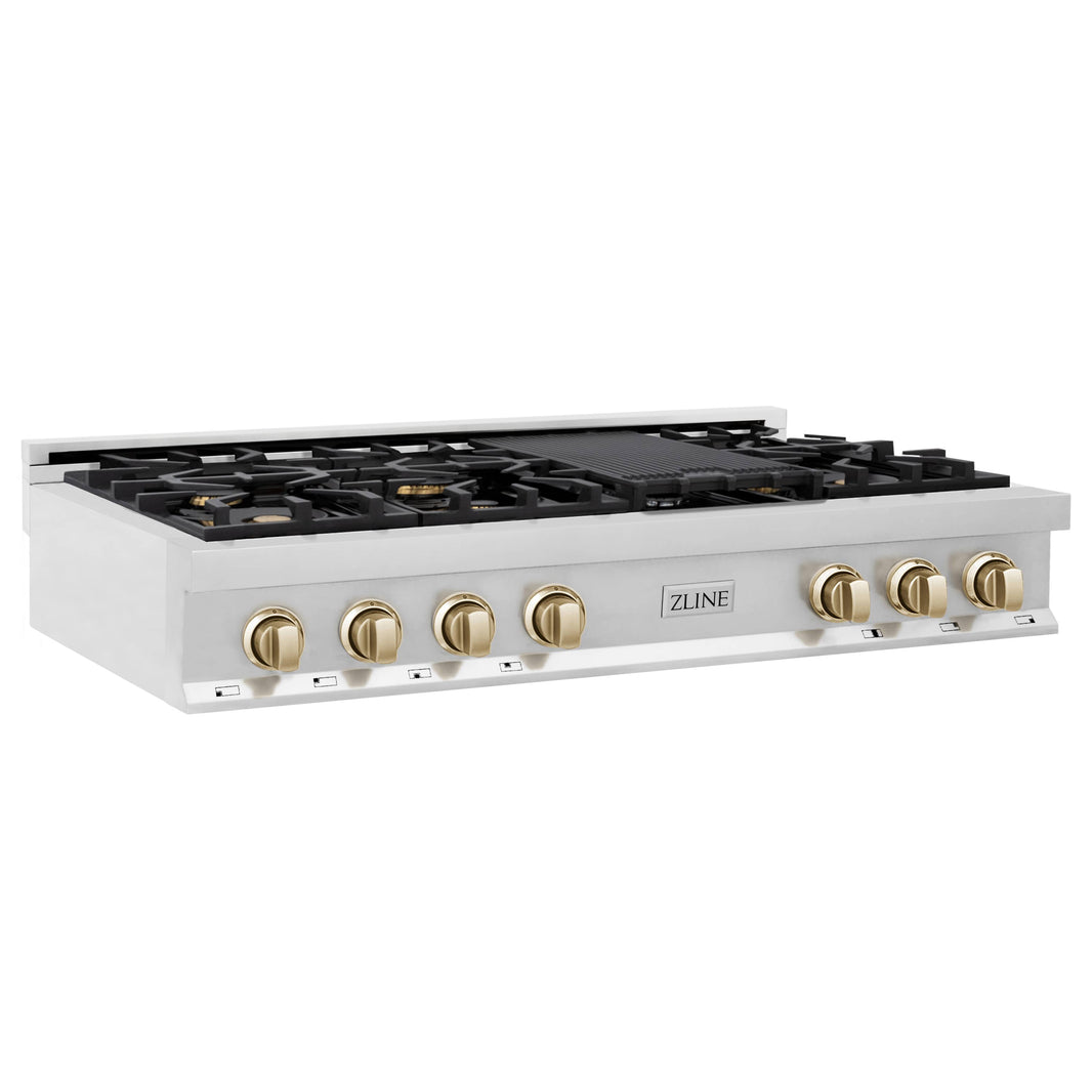 ZLINE Autograph Edition 48-Inch Porcelain Rangetop with 7 Gas Burners in Stainless Steel and Gold Accents (RTZ-48-G)