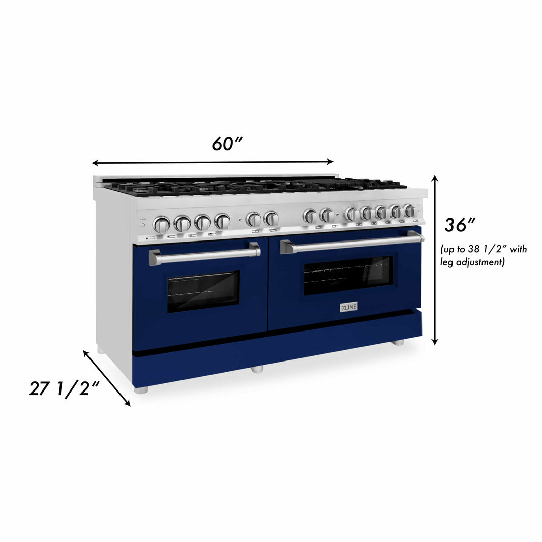 ZLINE 60-Inch 7.4 cu. ft. Dual Fuel Range with Gas Stove and Electric Oven in Stainless Steel and Blue Gloss Door (RA-BG-60)