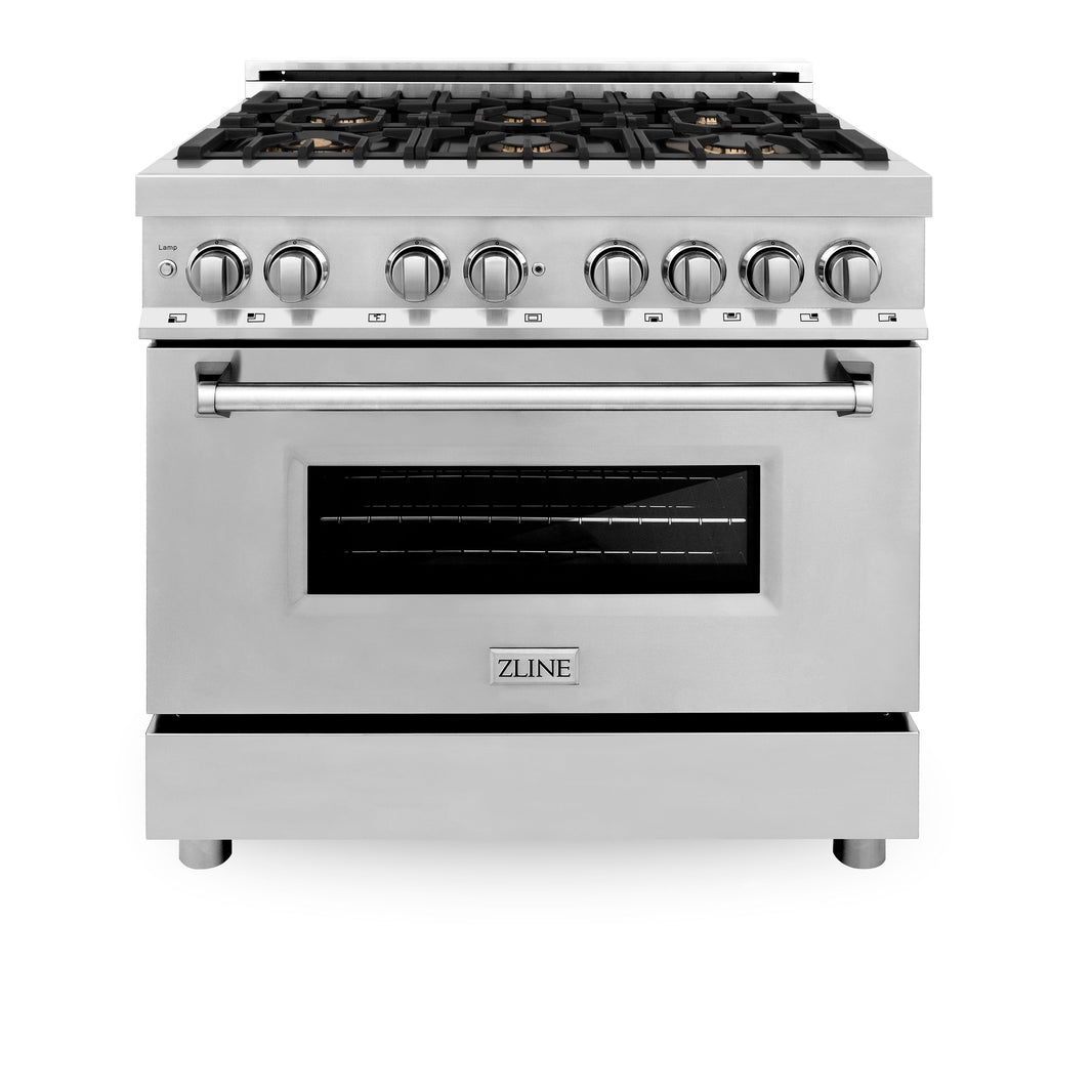 ZLINE 36-Inch Dual Fuel Range with 4.6 cu. ft. Electric Oven and Gas Cooktop with Brass Burners and Griddle in Stainless Steel (RA-BR-GR-36)