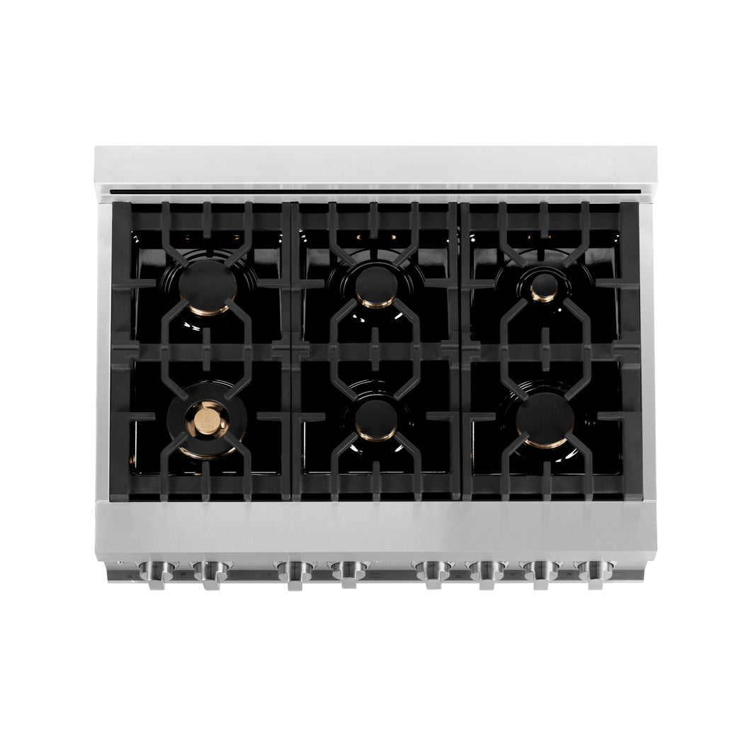 ZLINE 36-Inch Dual Fuel Range with 4.6 cu. ft. Electric Oven and Gas Cooktop with Brass Burners and Griddle in Stainless Steel (RA-BR-GR-36)