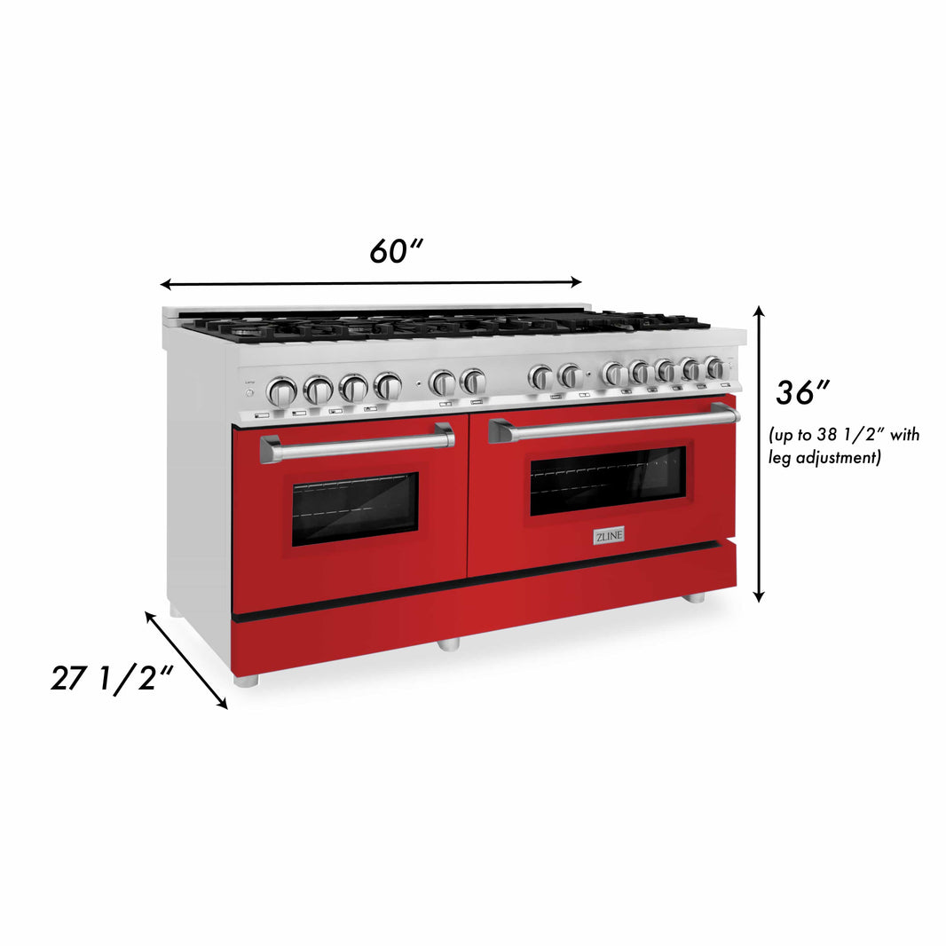 ZLINE 60-Inch 7.4 cu. ft. Dual Fuel Range with Gas Stove and Electric Oven in Stainless Steel and Red Matte Door (RA-RM-60)