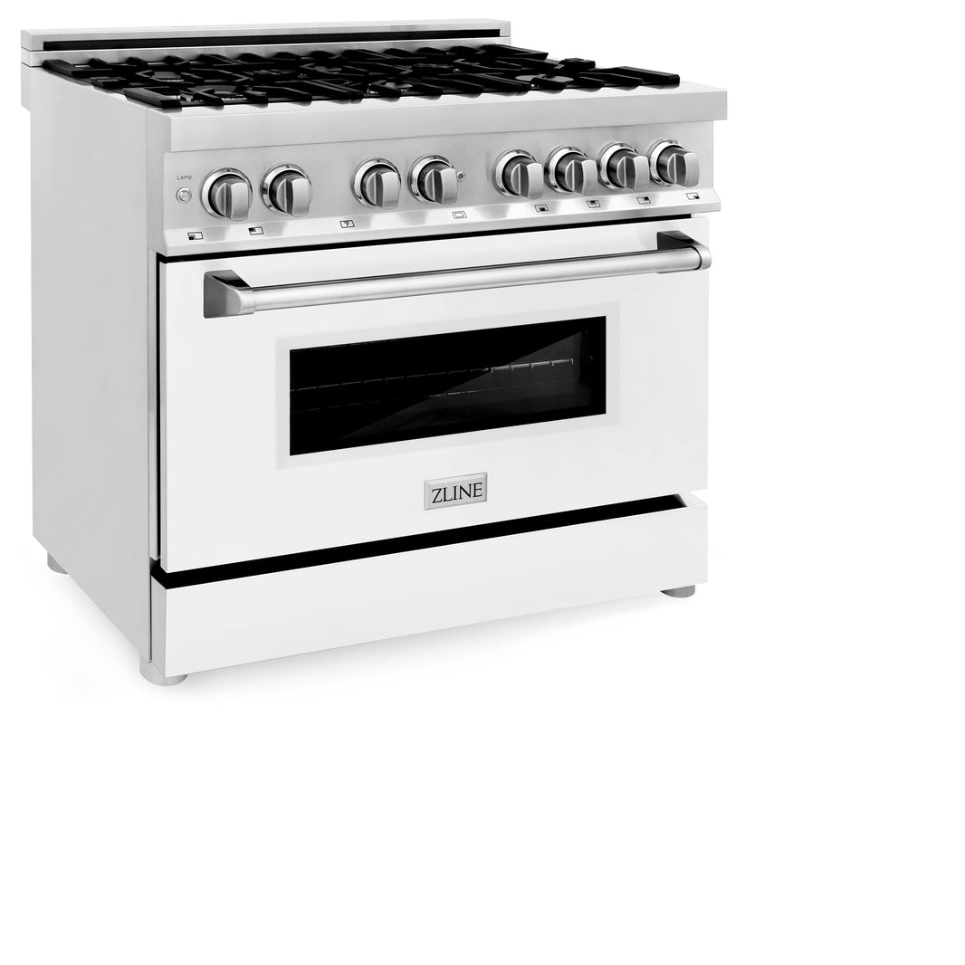 ZLINE 36-Inch Dual Fuel Range with 4.6 cu. ft. Electric Oven and Gas Cooktop and Griddle and White Matte Door in Stainless Steel (RA-WM-GR-36)