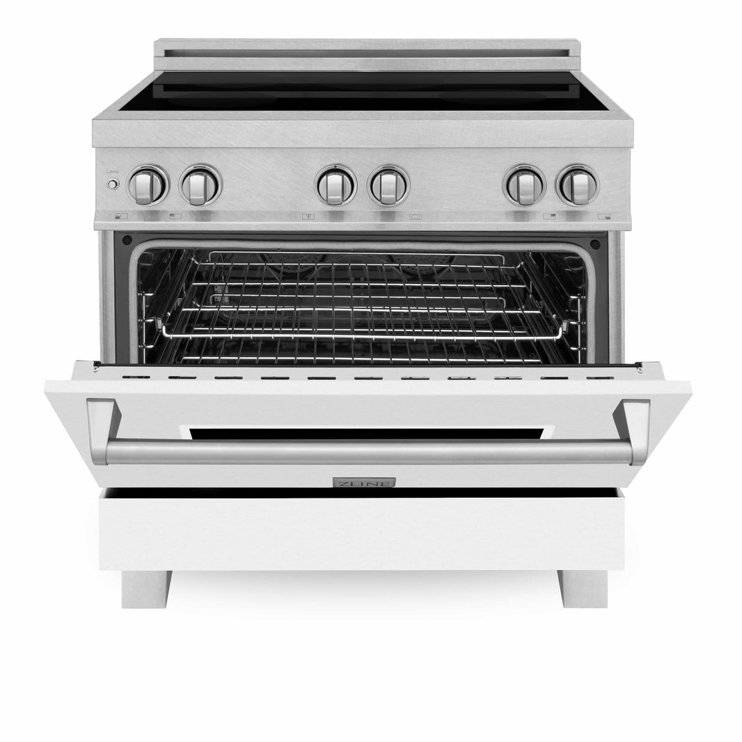 ZLINE 36-Inch 4.6 cu. ft. Induction Range with a 4 Element Stove and Electric Oven in DuraSnow Stainless Steel with White Matte Door (RAINDS-WM-36)