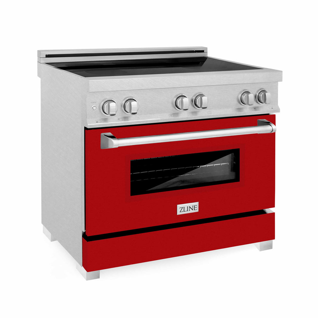 ZLINE 36-Inch 4.6 cu. ft. Induction Range with a 4 Element Stove and Electric Oven in DuraSnow Stainless Steel with Red Gloss Door (RAINDS-RG-36)