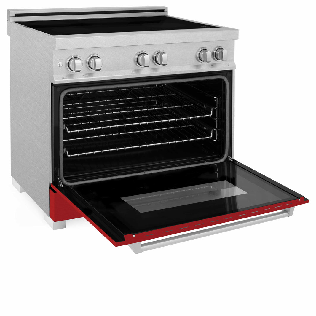 ZLINE 36-Inch 4.6 cu. ft. Induction Range with a 4 Element Stove and Electric Oven in DuraSnow Stainless Steel with Red Matte Door (RAINDS-RM-36)