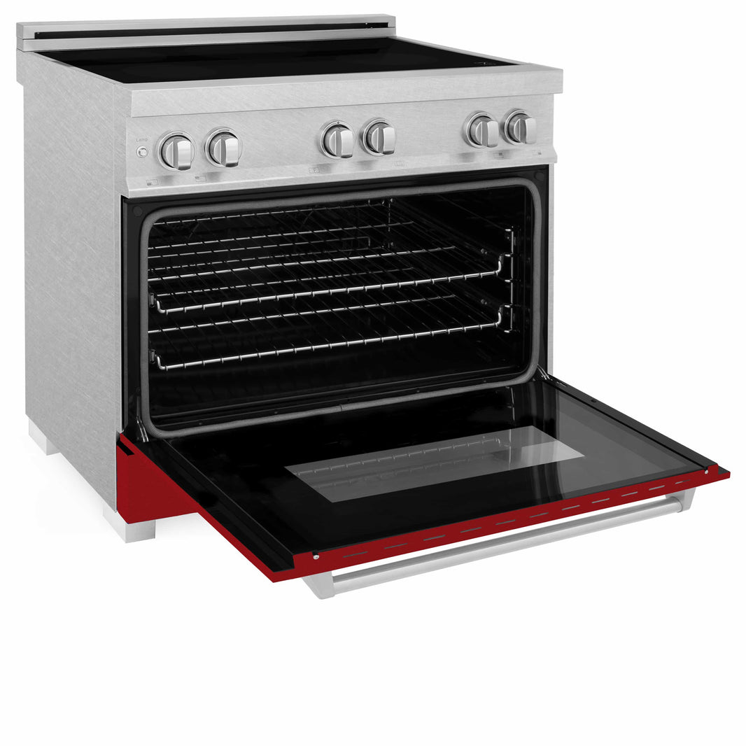 ZLINE 36-Inch 4.6 cu. ft. Induction Range with a 4 Element Stove and Electric Oven in DuraSnow Stainless Steel with Red Gloss Door (RAINDS-RG-36)