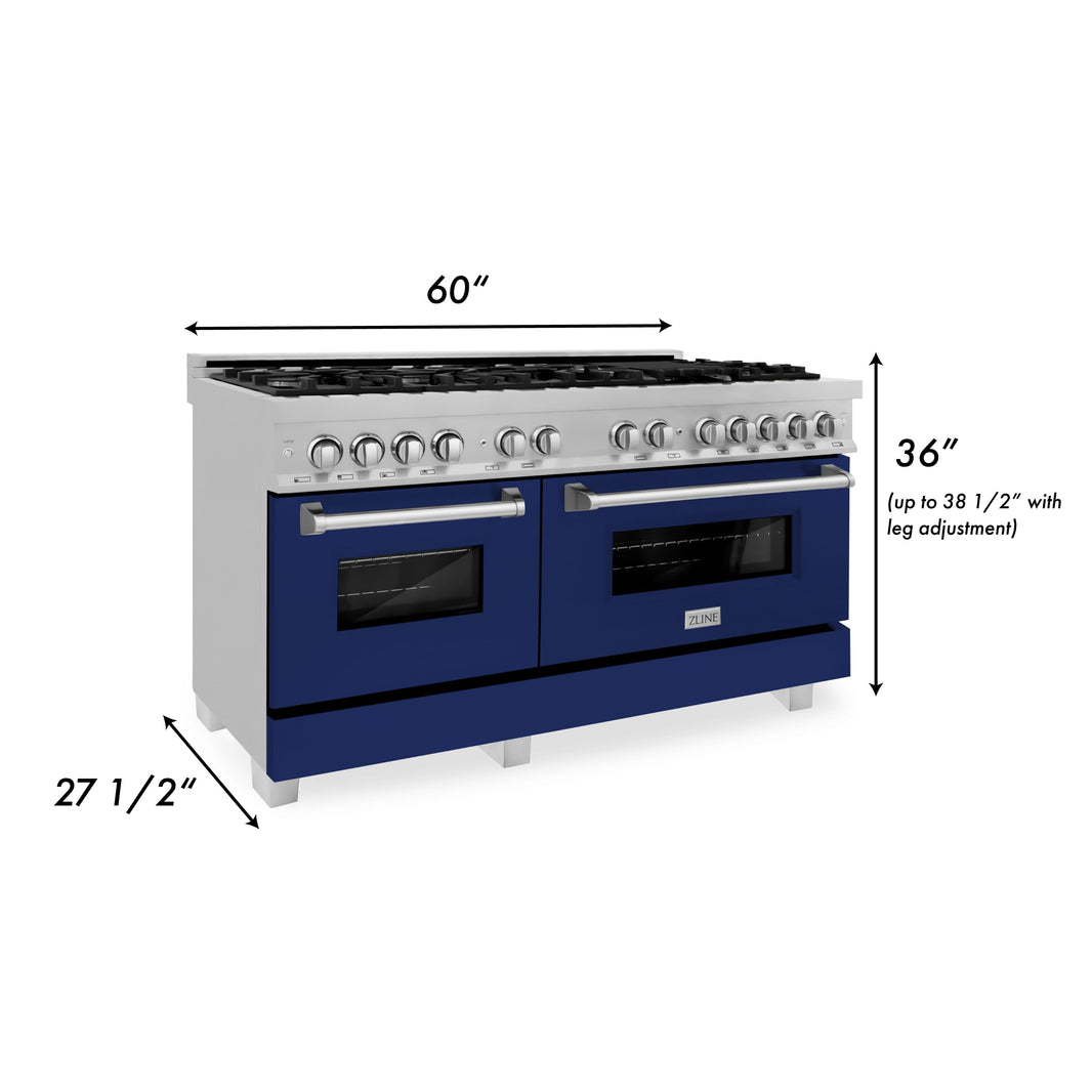 ZLINE 60-Inch 7.4 cu. ft. Dual Fuel Range with Gas Stove and Electric Oven in DuraSnow Stainless Steel and Blue Gloss Doors (RAS-BG-60)