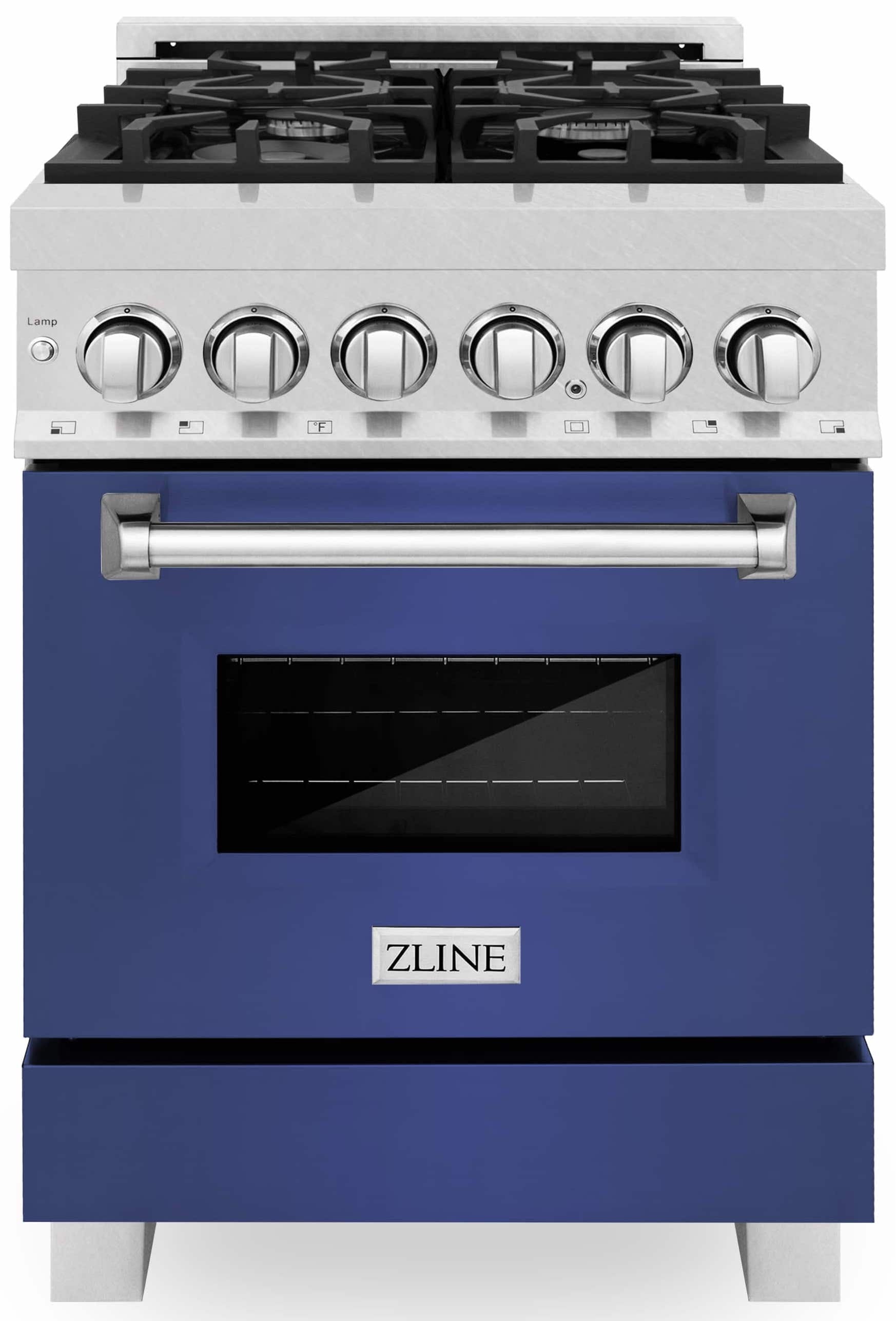 ZLINE 24-Inch 2.8 cu. ft. Dual Fuel Range with Gas Stove and Electric Oven in DuraSnow Stainless Steel and Blue Matte Door (RAS-BM-24)