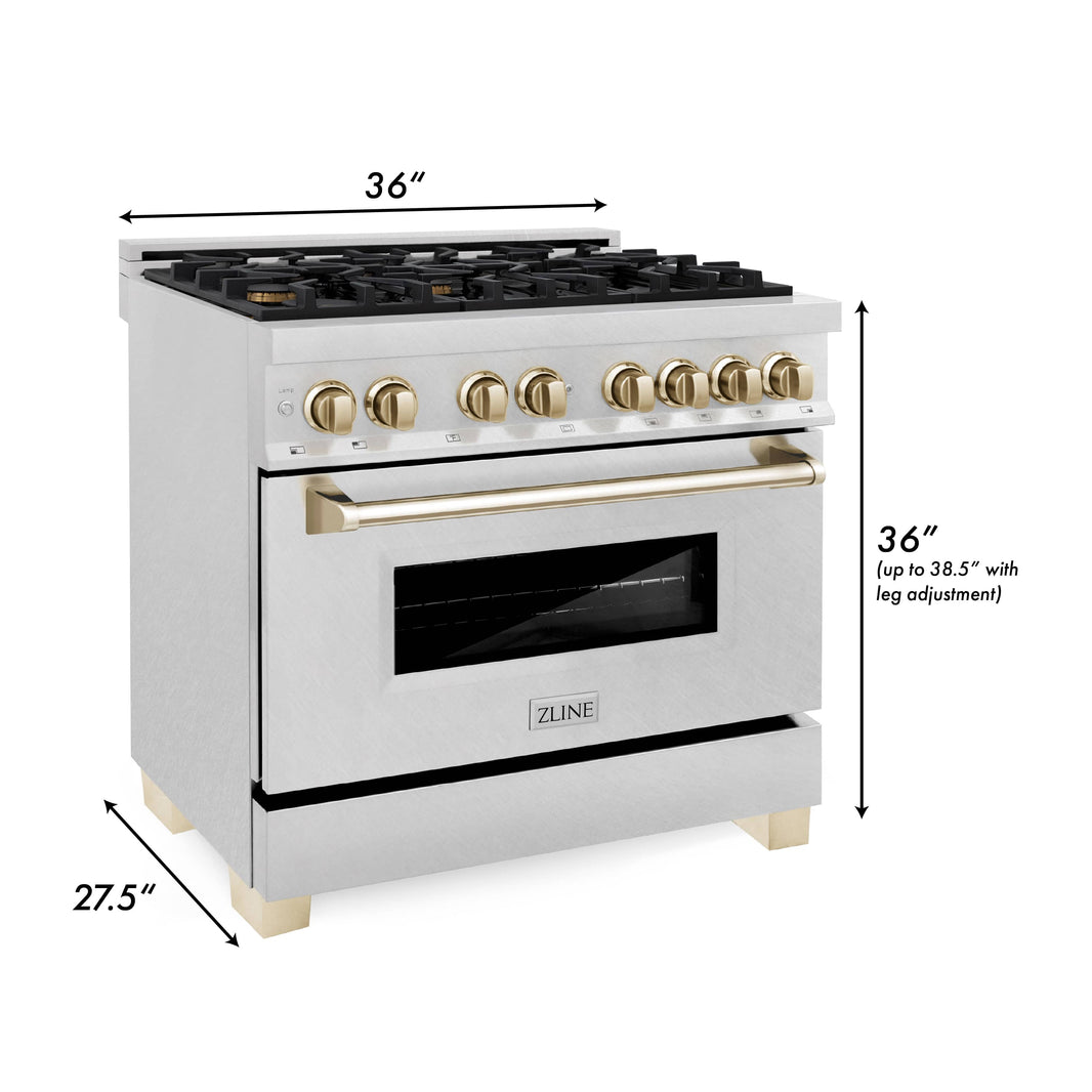 ZLINE Autograph Edition 36-Inch Dual Fuel Range with Gas Stove and Electric Oven in DuraSnow Stainless Steel with Gold Accents (RASZ-SN-36-G)