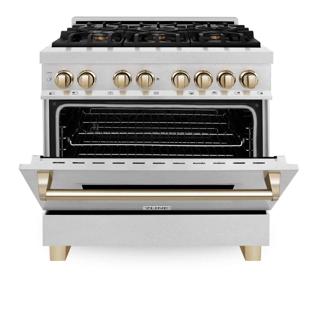 ZLINE Autograph Edition 36-Inch Dual Fuel Range with Gas Stove and Electric Oven in DuraSnow Stainless Steel with Gold Accents (RASZ-SN-36-G)