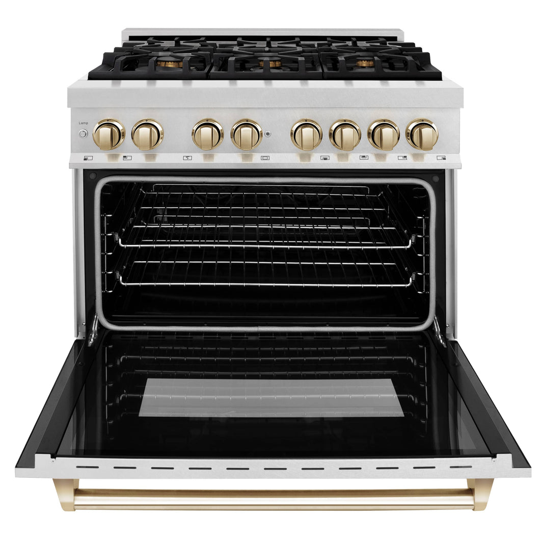 ZLINE Autograph Edition 36-Inch Dual Fuel Range with Gas Stove and Electric Oven in DuraSnow Stainless Steel with Gold Accents (RASZ-SN-36-G)