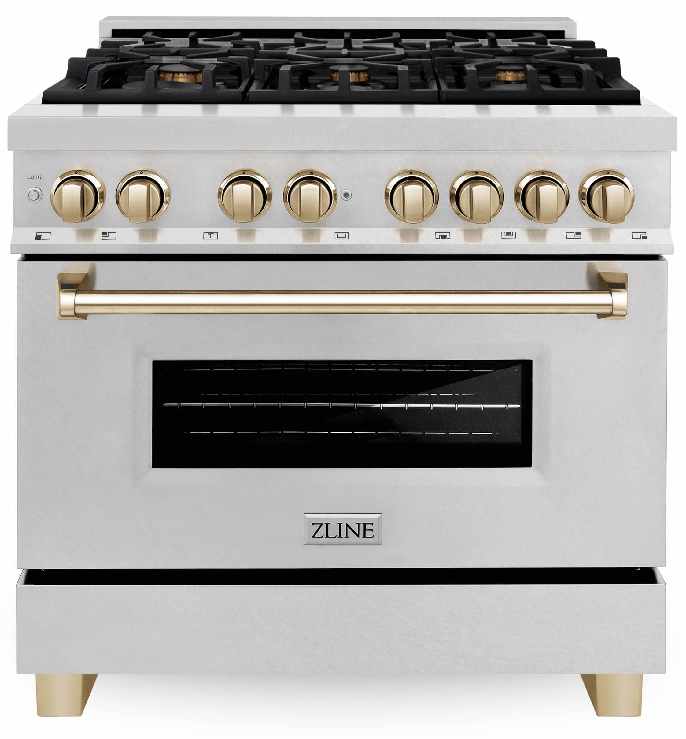 ZLINE Autograph Edition 36-Inch Dual Fuel Range with Gas Stove and Electric Oven in DuraSnow Stainless Steel with Gold Accents (RASZ-SN-36-G)