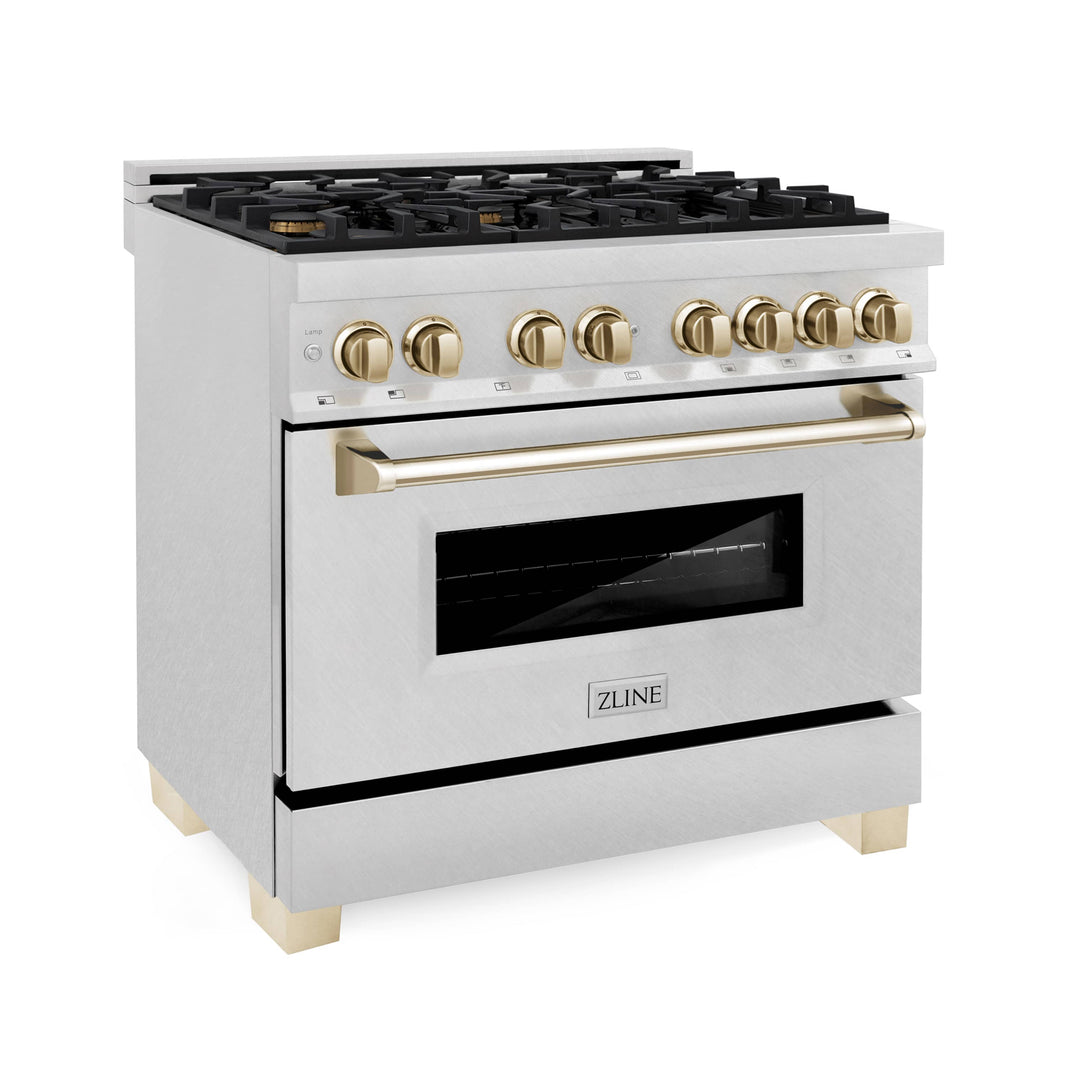 ZLINE Autograph Edition 36-Inch Dual Fuel Range with Gas Stove and Electric Oven in DuraSnow Stainless Steel with Gold Accents (RASZ-SN-36-G)