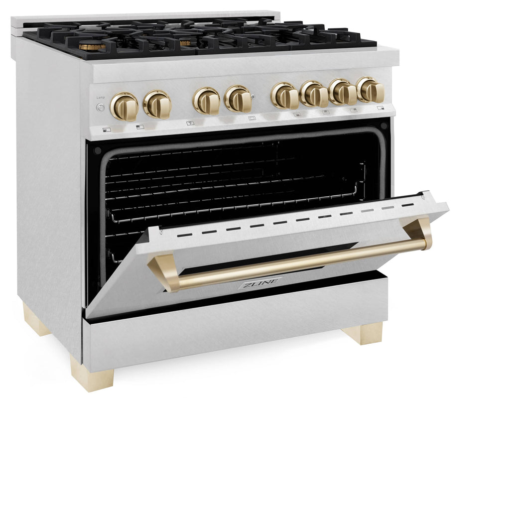 ZLINE Autograph Edition 36-Inch Dual Fuel Range with Gas Stove and Electric Oven in DuraSnow Stainless Steel with Gold Accents (RASZ-SN-36-G)