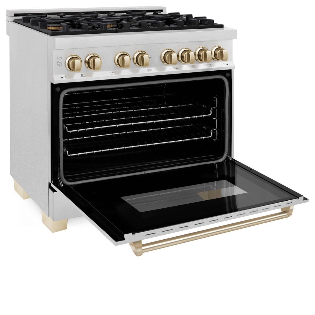 ZLINE Autograph Edition 36-Inch Dual Fuel Range with Gas Stove and Electric Oven in DuraSnow Stainless Steel with Gold Accents (RASZ-SN-36-G)