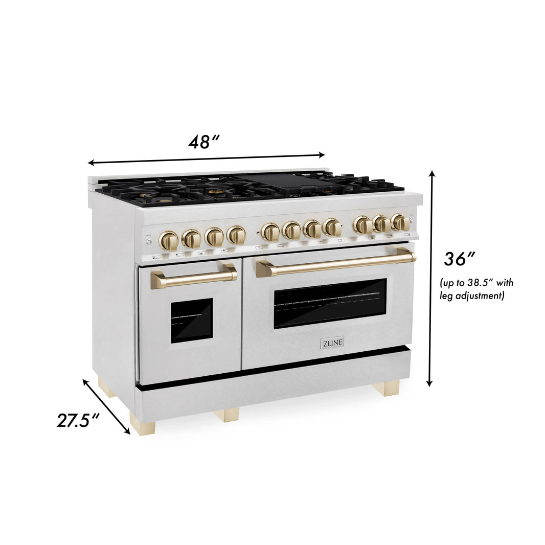 ZLINE Autograph Edition 48-Inch Dual Fuel Range with Gas Stove and Electric Oven in DuraSnow® Stainless Steel with Gold Accents (RASZ-SN-48-G)