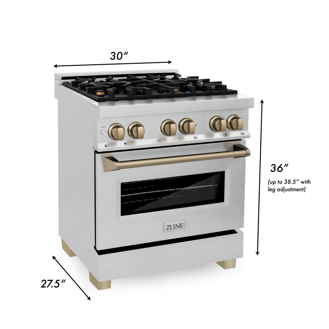 ZLINE Autograph Edition 30-Inch 4.0 cu. ft. Dual Fuel Range with Gas Stove and Electric Oven in Stainless Steel with Champagne Bronze Accents (RAZ-30-CB)