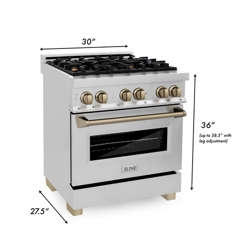 ZLINE Autograph Edition 2-Piece Appliance Package - 30" Dual Fuel Range & Wall Mounted Range Hood in Stainless Steel with Champagne Bronze Trim (2AKP-RARH30-CB)