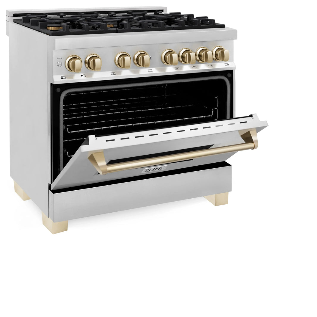 ZLINE Autograph Edition 3-Piece Appliance Package - 36" Dual Fuel Range, Wall Mounted Range Hood, & 24" Tall Tub Dishwasher in Stainless Steel with Gold Trim (3AKP-RARHDWM36-G)