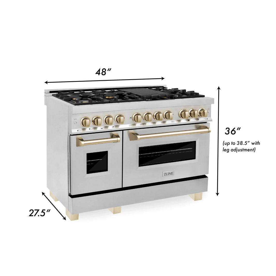 ZLINE Autograph Edition 4-Piece Appliance Package - 48" Dual Fuel Range, 36" Refrigerator with Water Dispenser, Wall Mounted Range Hood, & 24" Tall Tub Dishwasher in Stainless Steel with Gold Trim (4AKPR-RARHDWM48-G)