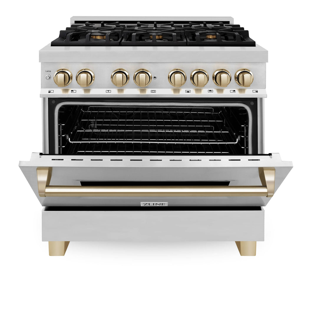 ZLINE Autograph Edition 36-Inch 4.6 cu. ft. Dual Fuel Range with Gas Stove and Electric Oven in Stainless Steel with Gold Accents (RAZ-36-G)