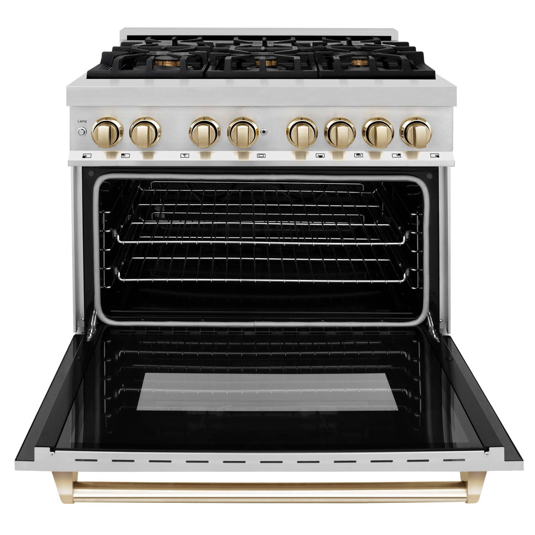 ZLINE Autograph Edition 36-Inch 4.6 cu. ft. Dual Fuel Range with Gas Stove and Electric Oven in Stainless Steel with Gold Accents (RAZ-36-G)