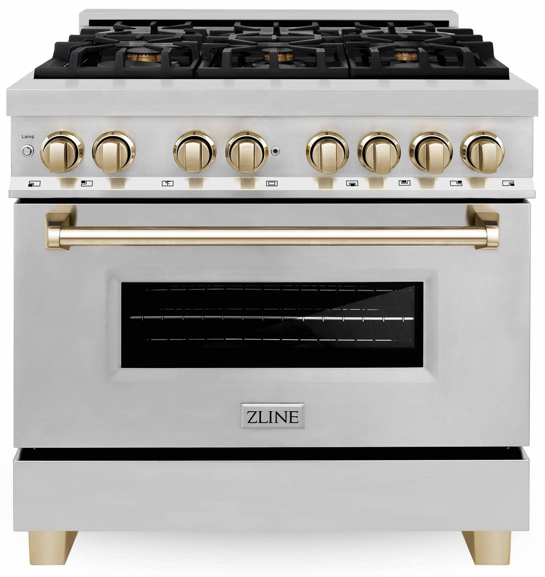 ZLINE Autograph Edition 36-Inch 4.6 cu. ft. Dual Fuel Range with Gas Stove and Electric Oven in Stainless Steel with Gold Accents (RAZ-36-G)