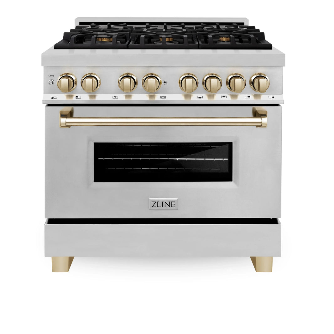 ZLINE Autograph Edition 3-Piece Appliance Package - 36" Dual Fuel Range, Wall Mounted Range Hood, & 24" Tall Tub Dishwasher in Stainless Steel with Gold Trim (3AKP-RARHDWM36-G)