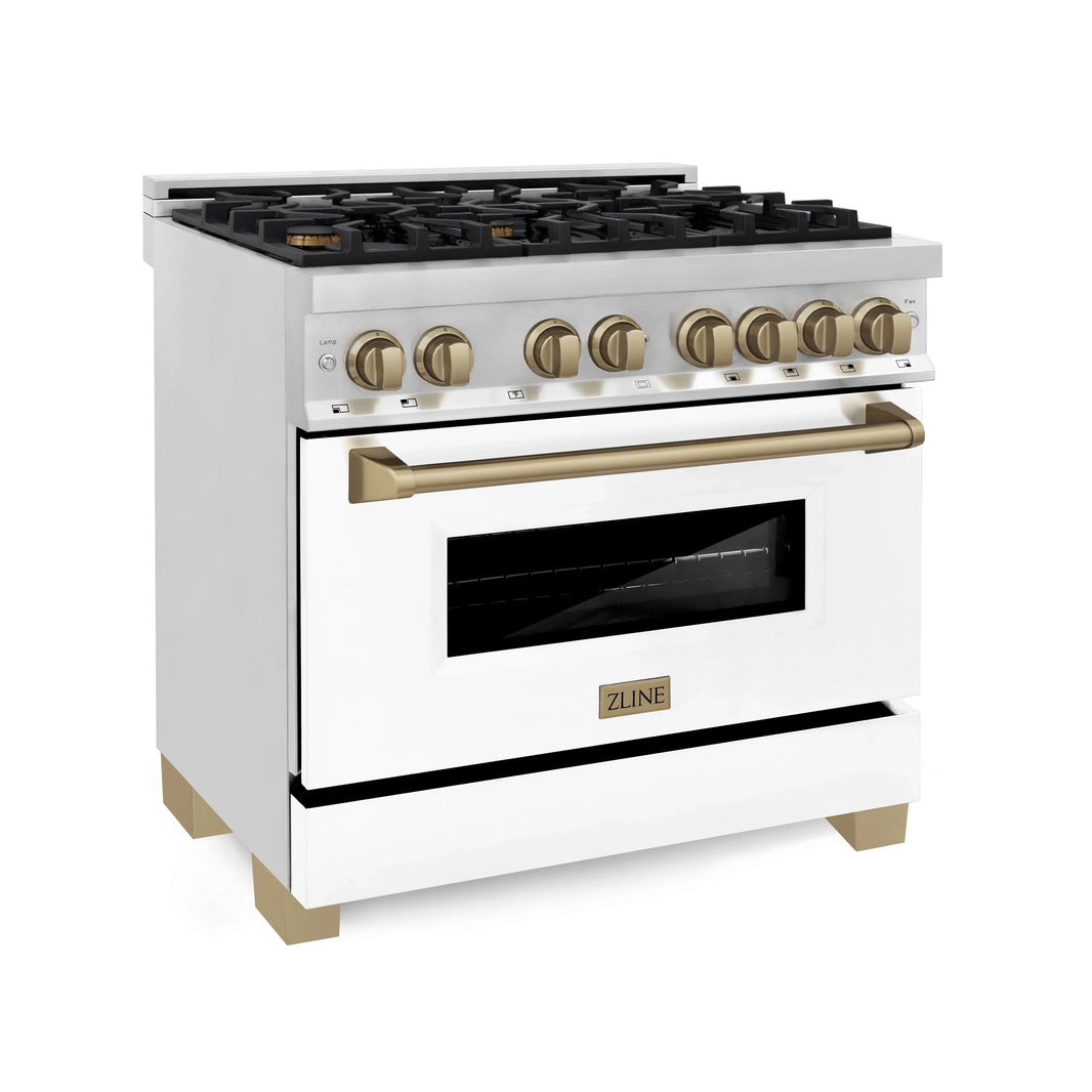 ZLINE Autograph Edition 3-Piece Appliance Package - 36" Dual Fuel Range, Wall Mounted Range Hood, & 24" Tall Tub Dishwasher in Stainless Steel and White Door with Champagne Bronze Trim (3AKP-RAWMRHDWM36-CB)