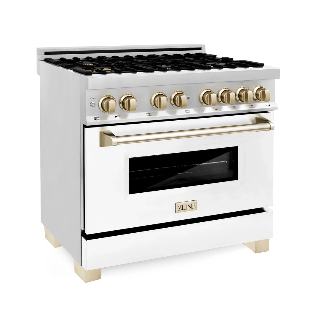 ZLINE Autograph Edition 2-Piece Appliance Package - 36" Dual Fuel Range & Wall Mounted Range Hood in Stainless Steel and White Door with Gold Trim (2AKP-RAWMRH36-G)