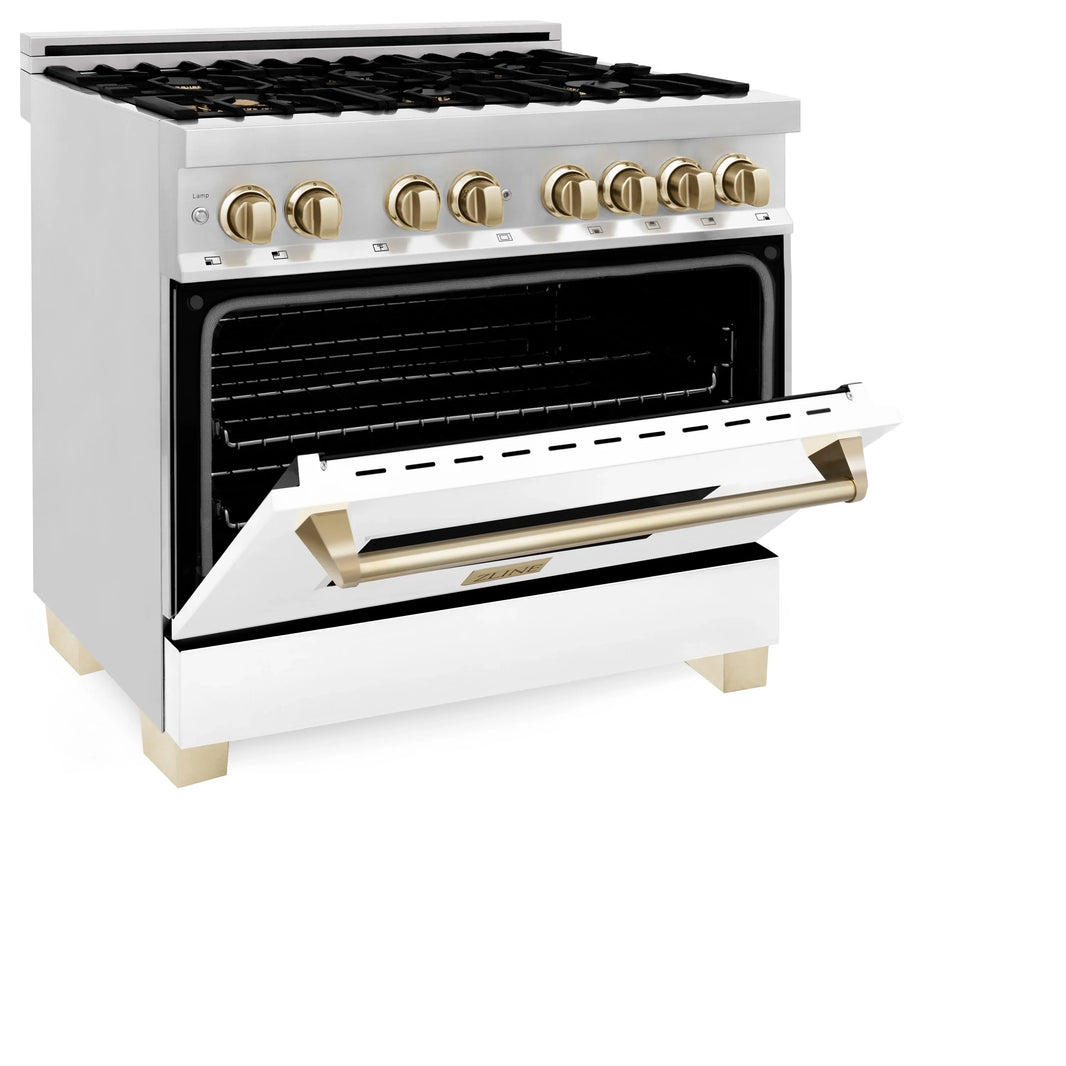 ZLINE Autograph Edition 2-Piece Appliance Package - 36" Dual Fuel Range & Wall Mounted Range Hood in Stainless Steel and White Door with Gold Trim (2AKP-RAWMRH36-G)